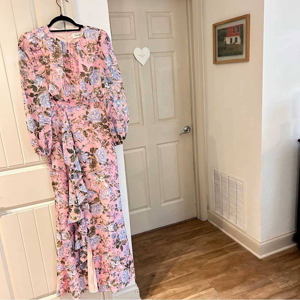 Eliza J Pink Floral Gown with Ruffle Skirt Bishop Sleeves